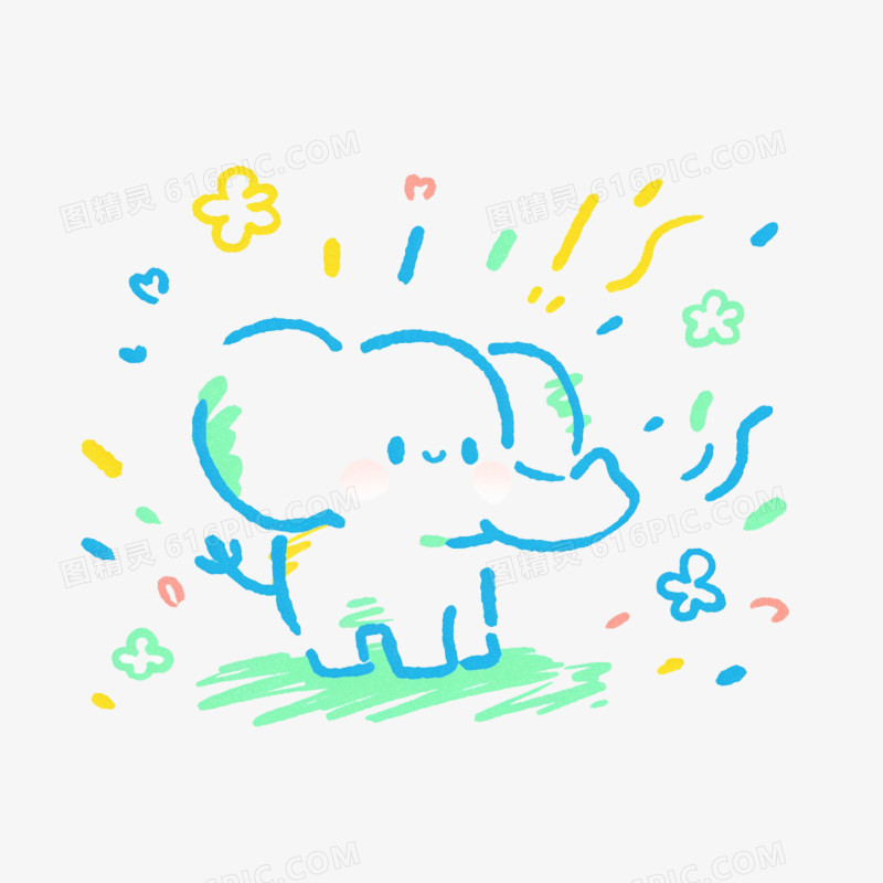 手绘卡通彩色简笔画小象免抠元素