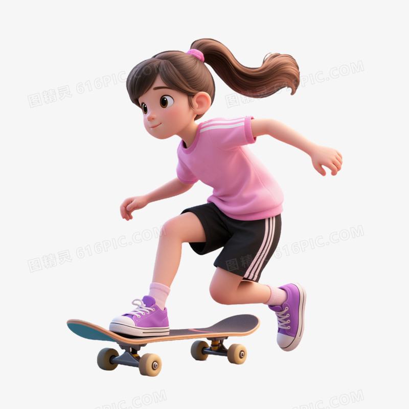 3D风格玩滑板的小女孩免抠元素