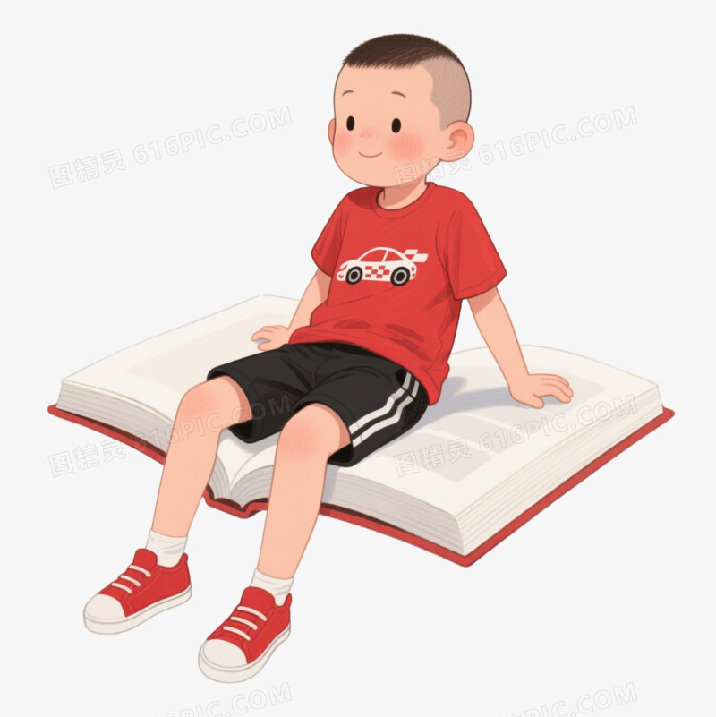 卡通坐在书上的小男孩免抠元素