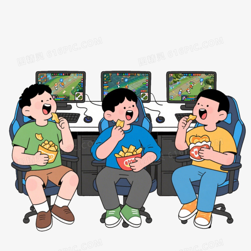 卡通三个小男孩边玩电脑游戏边吃薯片免抠元素