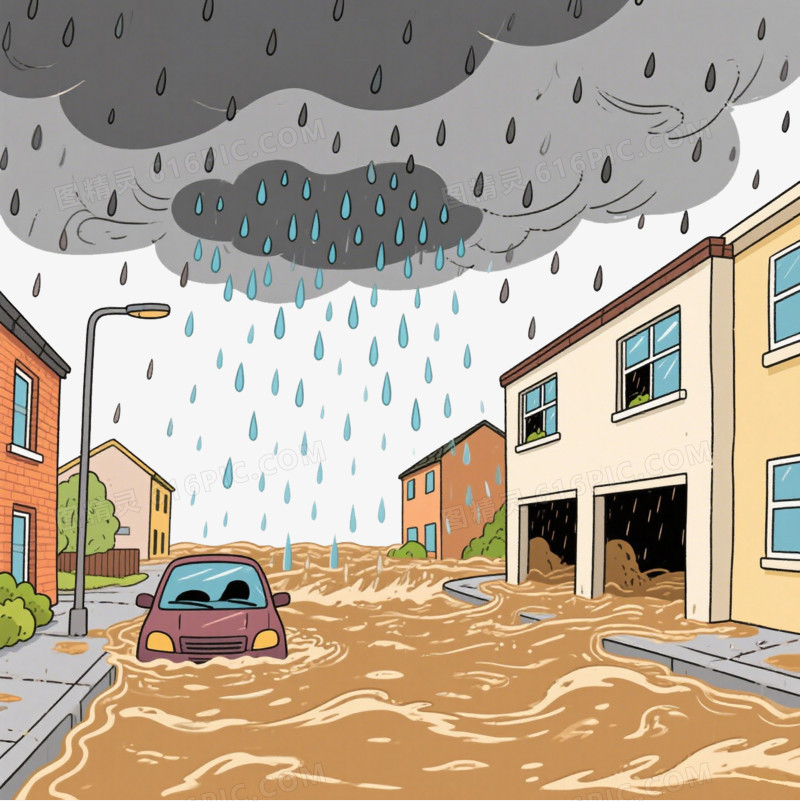 卡通暴雨灾害汽车被淹没免抠元素
