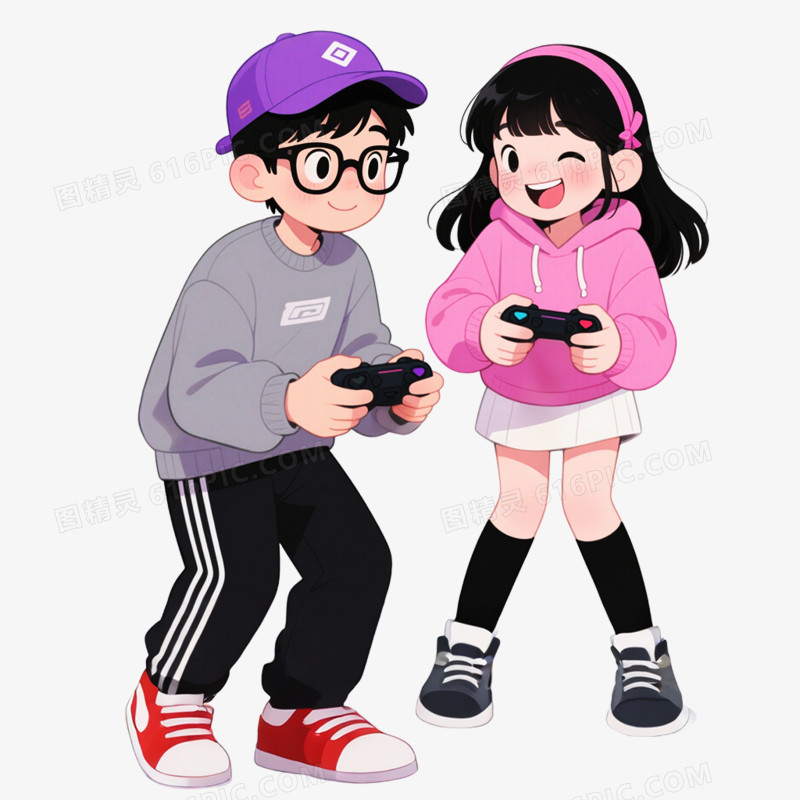 卡通手绘插画风格玩游戏免抠元素
