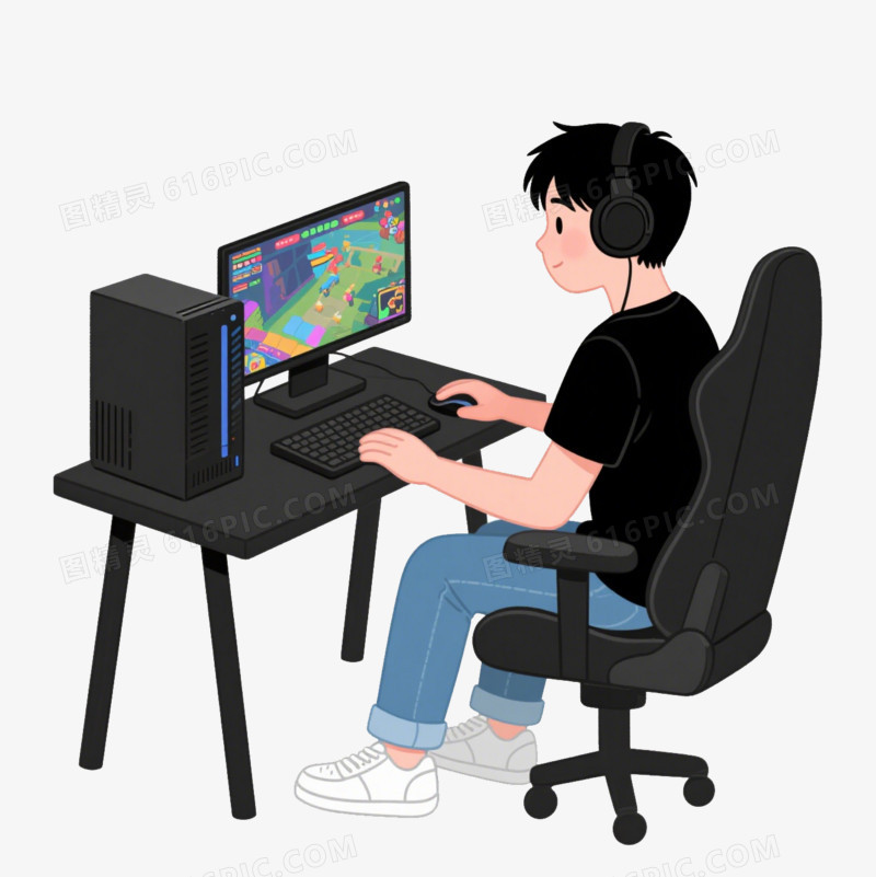 卡通玩电脑游戏的年轻人免抠元素