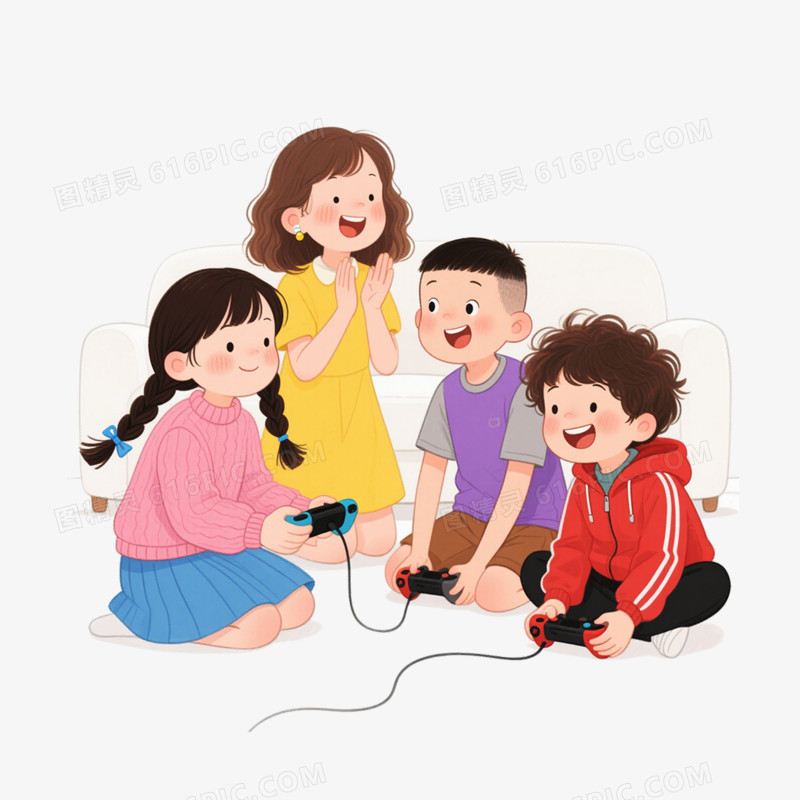 卡通手绘插画风格玩游戏免抠元素