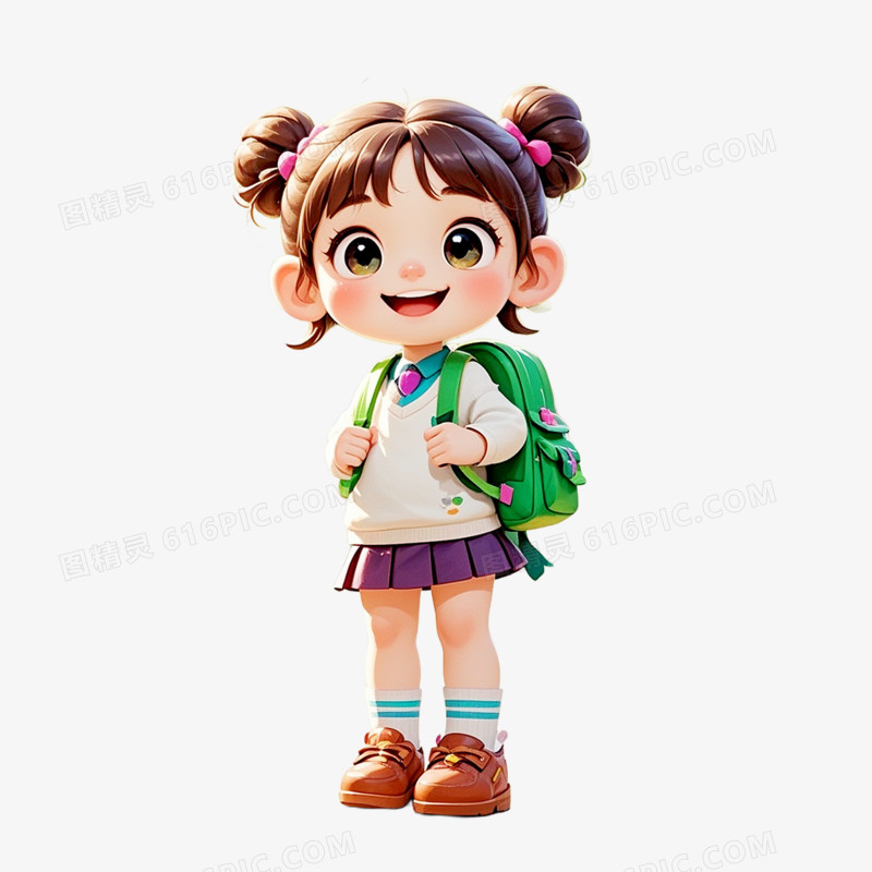 卡通3D小学生背上书包上学免抠元素