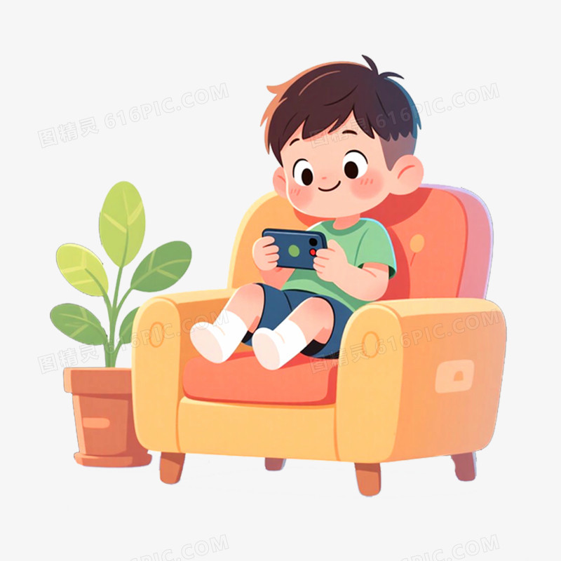 手绘插画人物打游戏场景免抠元素