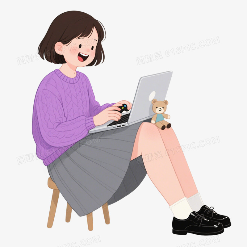 卡通手绘插画风格玩游戏免抠元素