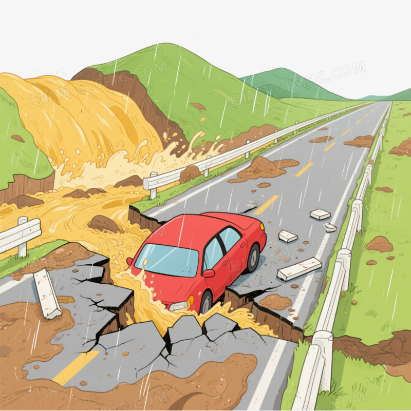 卡通泥石流冲断道路免抠元素
