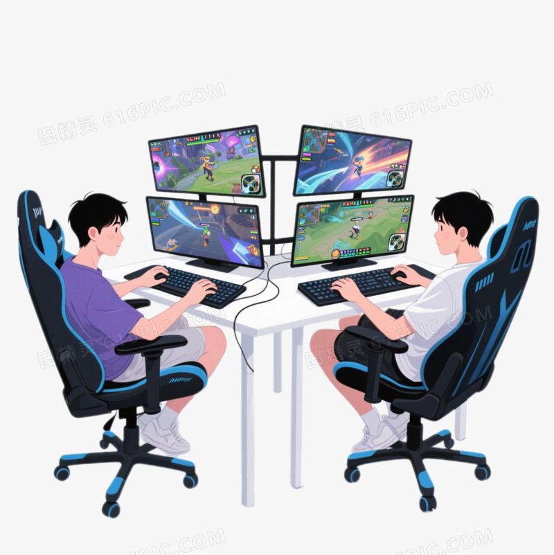 卡通两个面对面玩电脑游戏的年轻人免抠元素