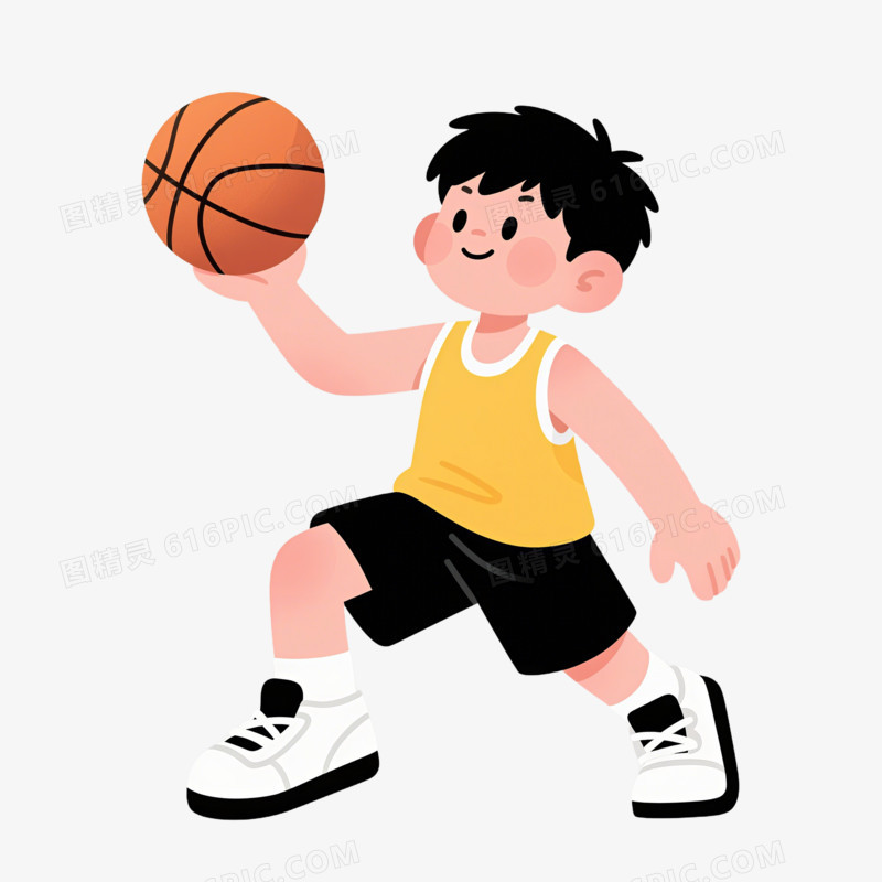 插画风打篮球的男孩免抠元素
