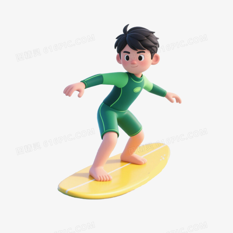 3D卡通冲浪的男孩免抠元素