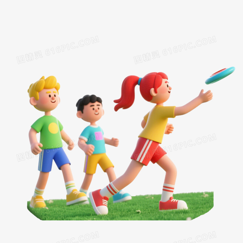 3D卡通三个在草地上玩飞盘的年轻人免抠元素