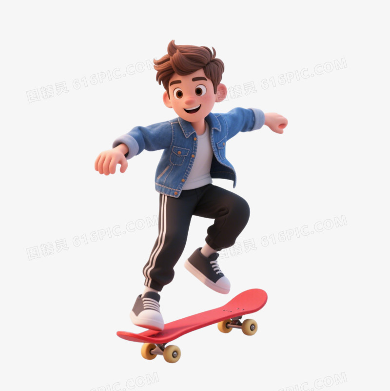 3D卡通玩滑板的男孩免抠元素