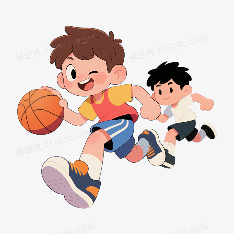 插画风打篮球的两个男孩免抠元素