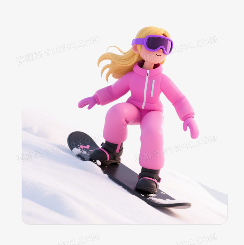 3D卡通单板滑雪的女孩免抠元素
