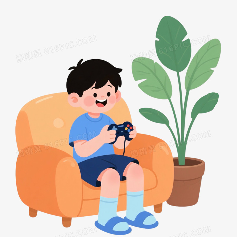卡通手绘男孩玩游戏免抠元素