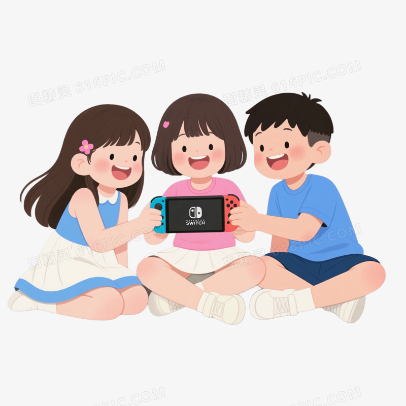 卡通手绘三个小朋友玩游戏免抠元素