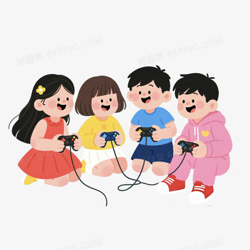 卡通手绘四个小朋友玩游戏免抠元素