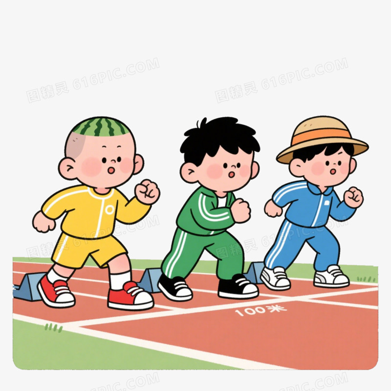 手绘卡通三个比赛跑步的小男孩免抠元素