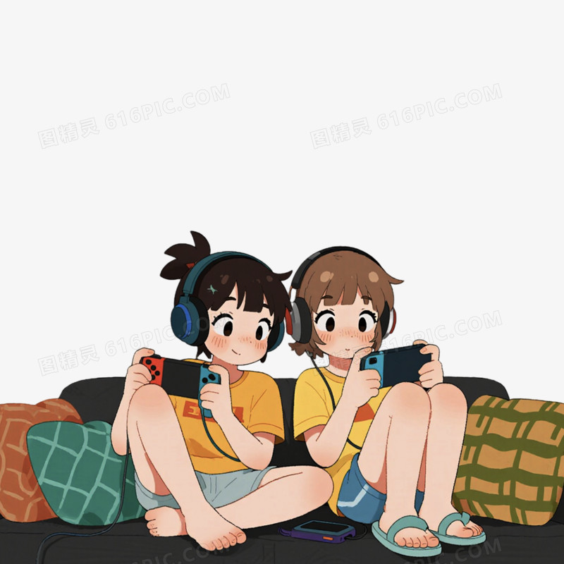 手绘插画风格打游戏免抠元素