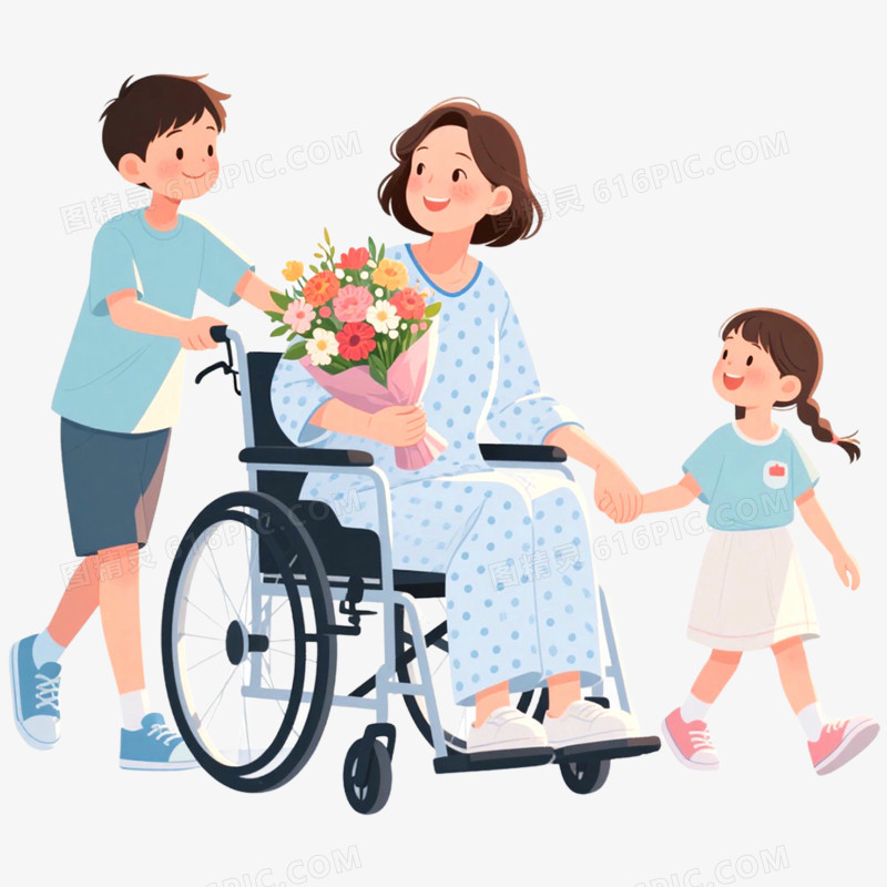 手绘插画接病人出院免抠元素