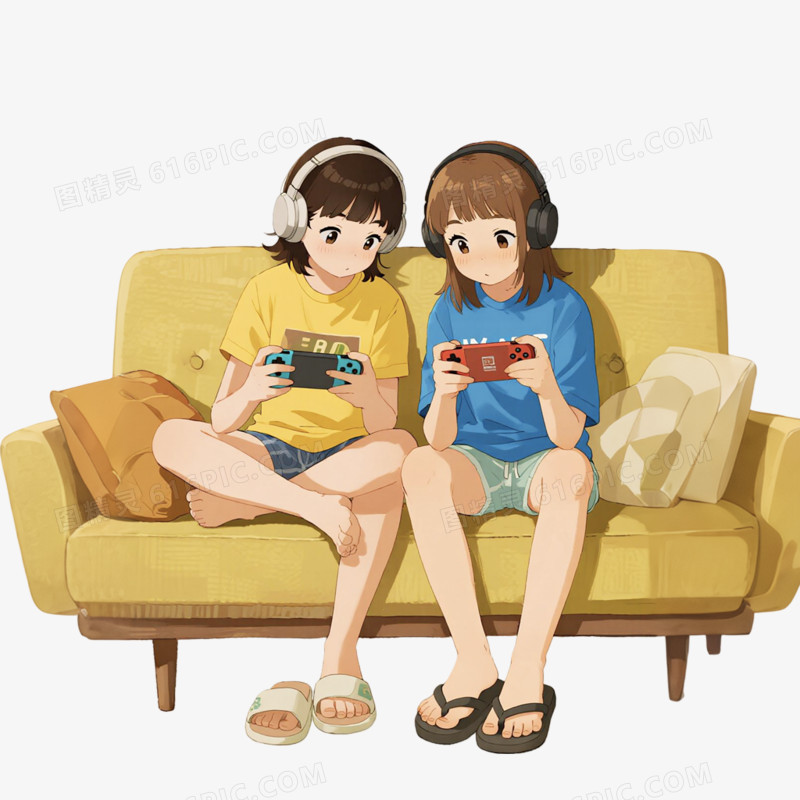 手绘插画风格打游戏免抠元素