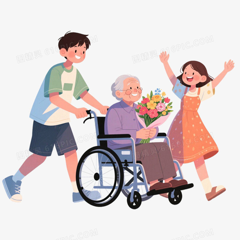手绘插画接病人出院免抠元素