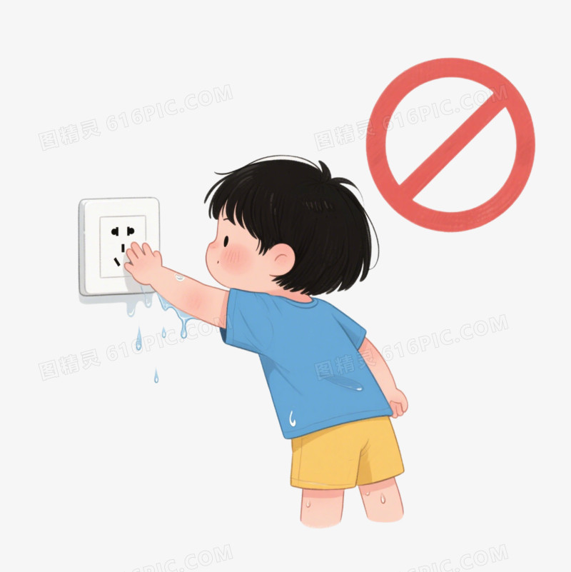 手绘卡通禁止小男孩用湿手触摸开关免抠元素