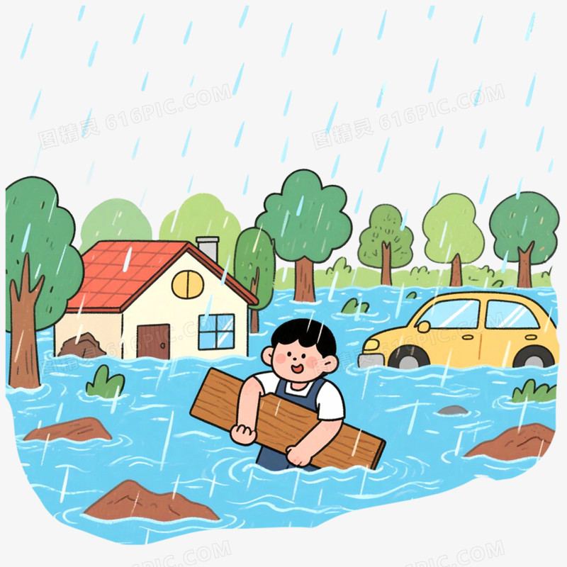 手绘卡通夏季自然灾害洪水免抠元素