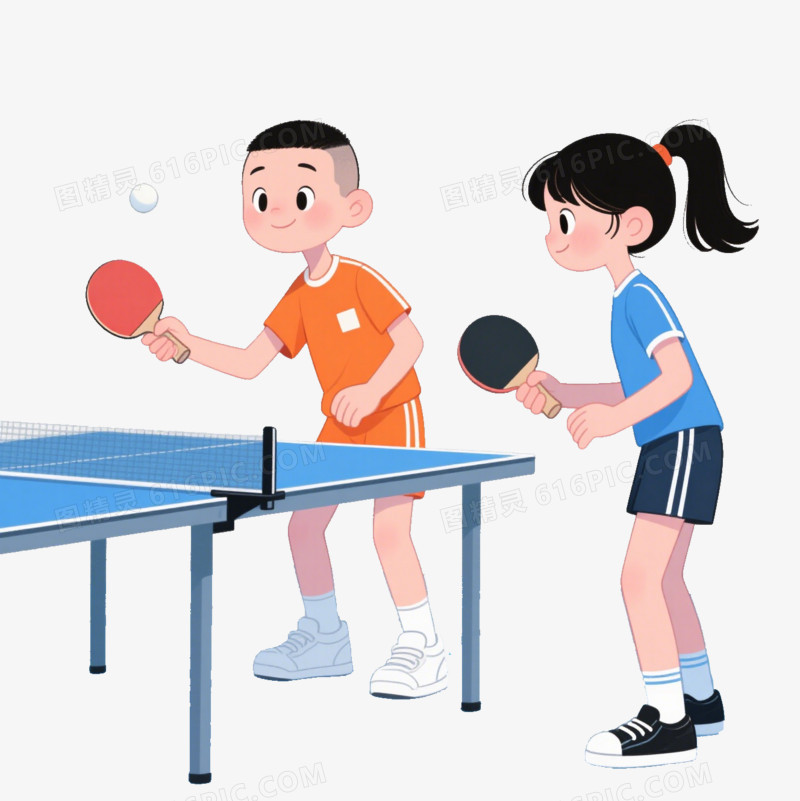 手绘卡通两个打乒乓球的小男孩小女孩免抠元素