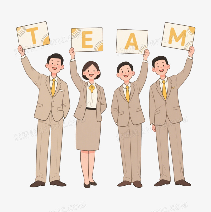 手绘卡通四个穿米色西服的职场人分别拿着TEAM字母牌子免抠元素