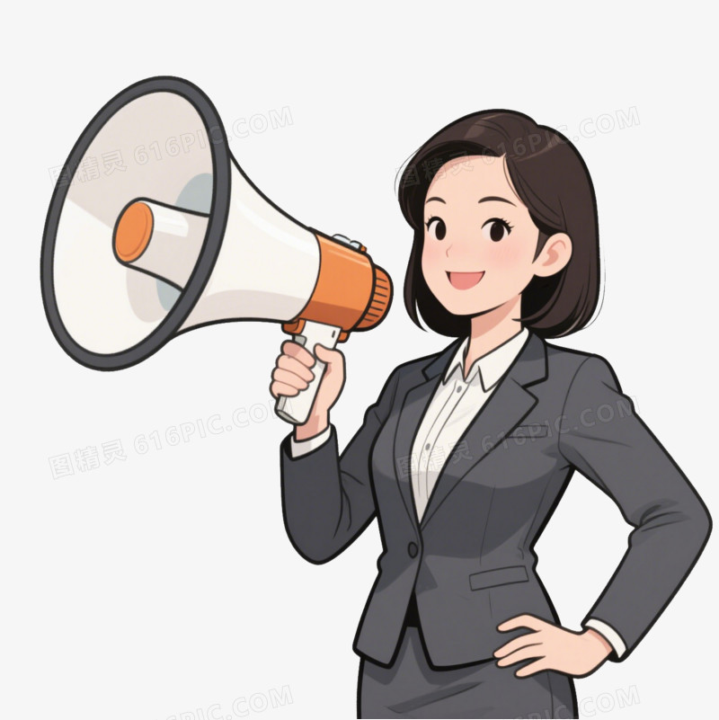 手绘卡通拿着大喇叭招聘的女HR免抠元素