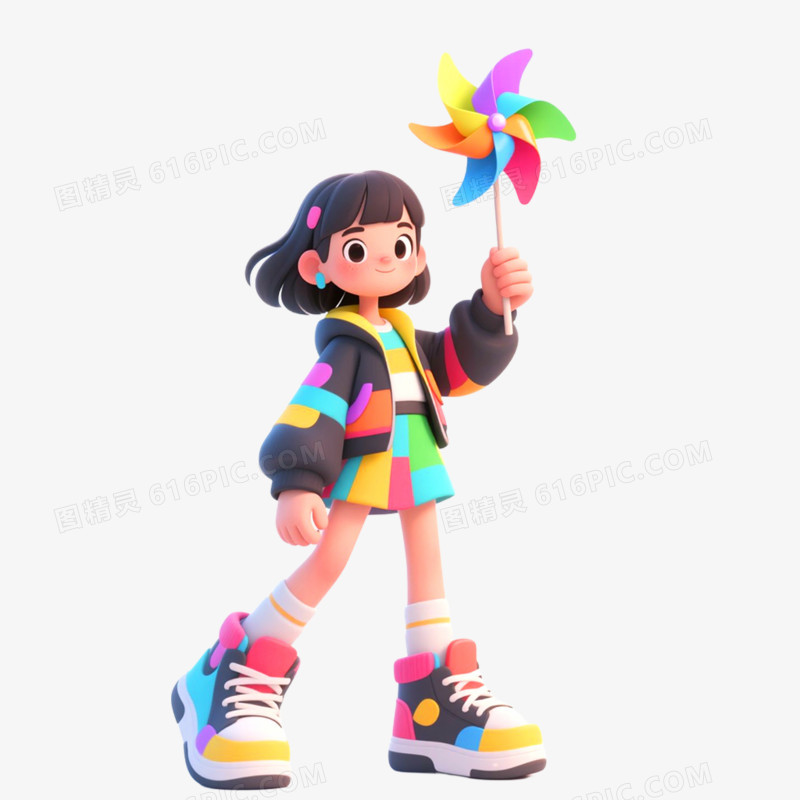3D立体人物玩风车免抠元素