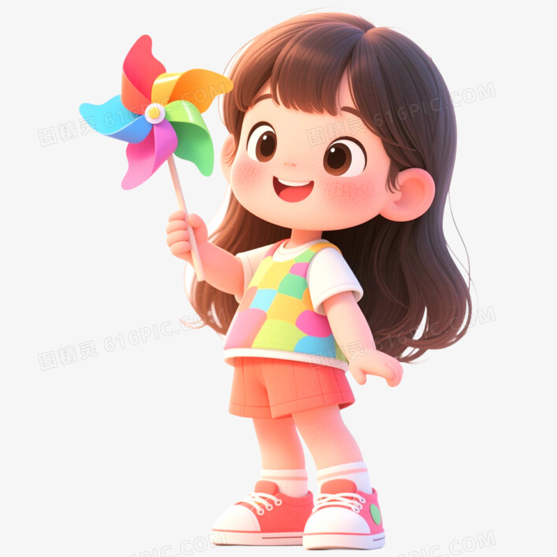 手绘插画人物玩风车免抠元素