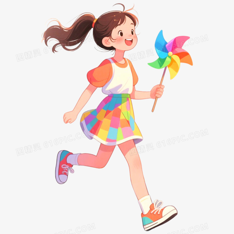 手绘插画人物玩风车免抠元素