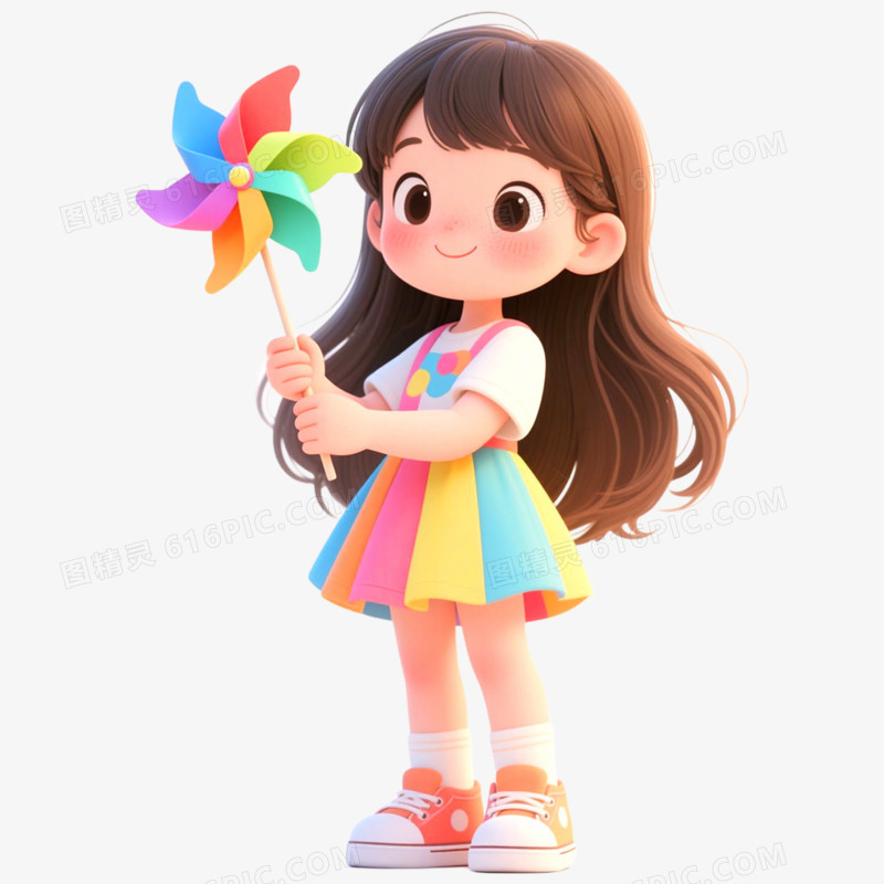 手绘插画人物玩风车免抠元素