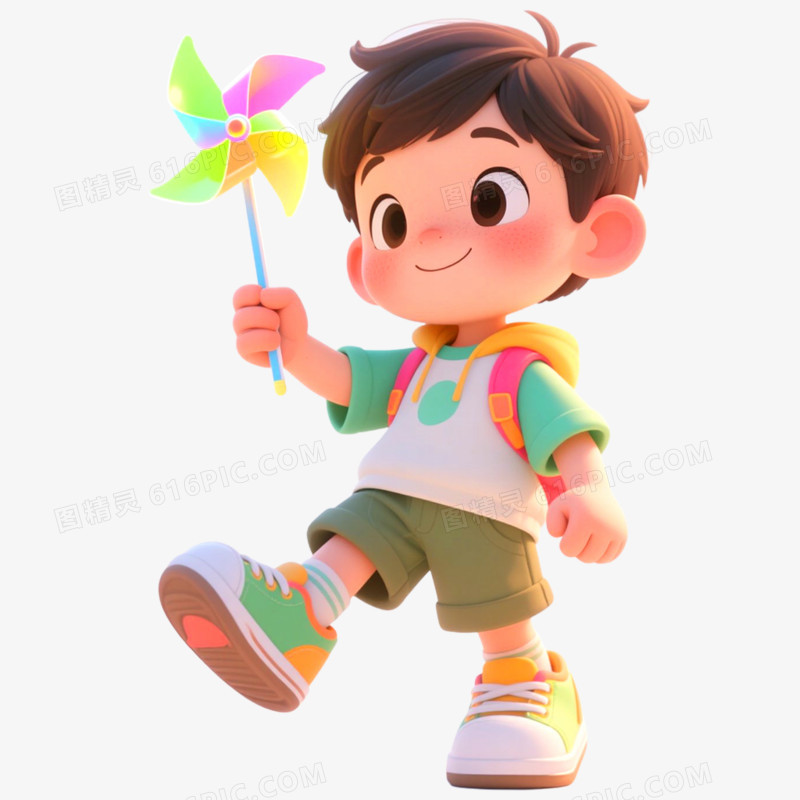 手绘插画人物玩风车免抠元素