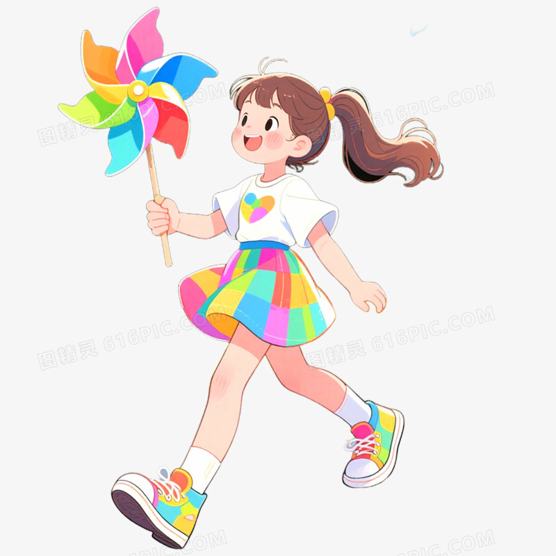 手绘插画人物玩风车免抠元素