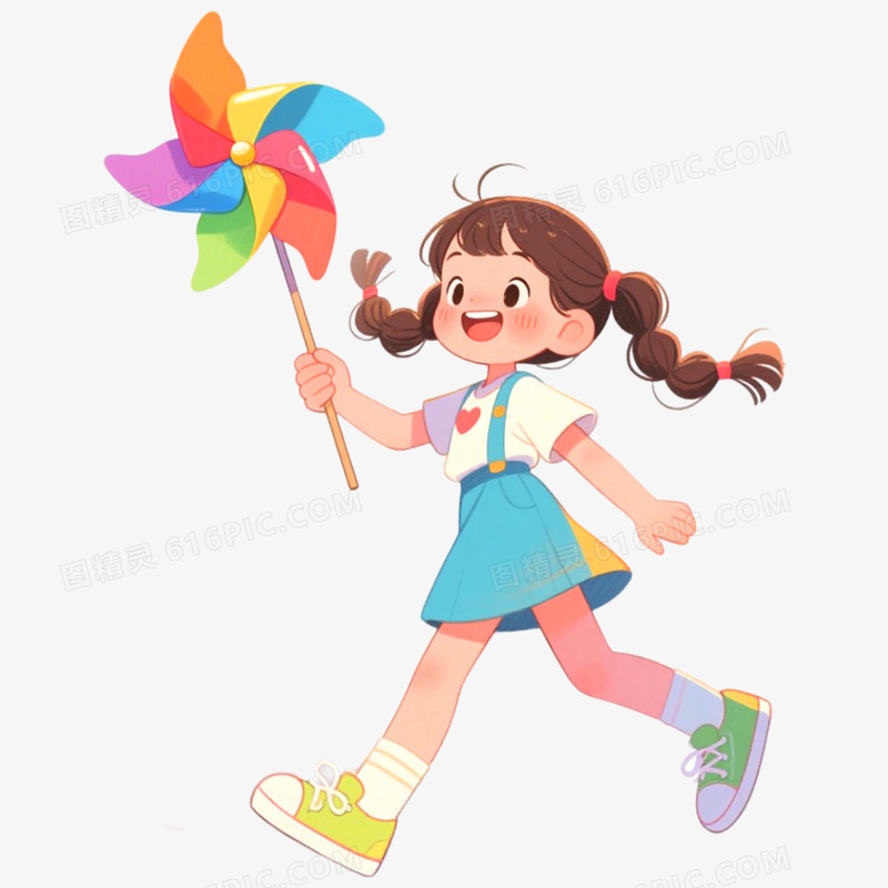 手绘插画人物玩风车免抠元素