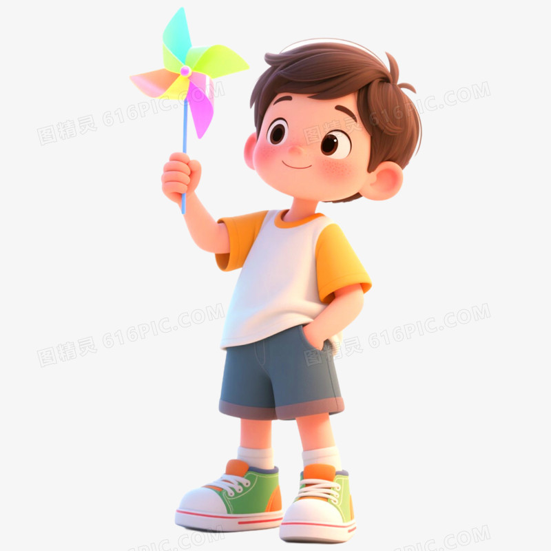 手绘插画人物玩风车免抠元素