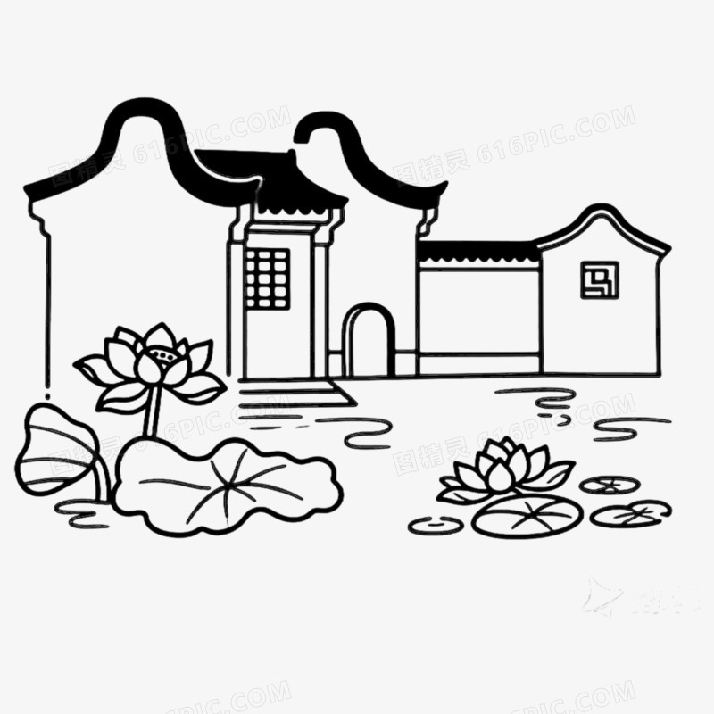 江南古风古建筑简笔画免抠元素