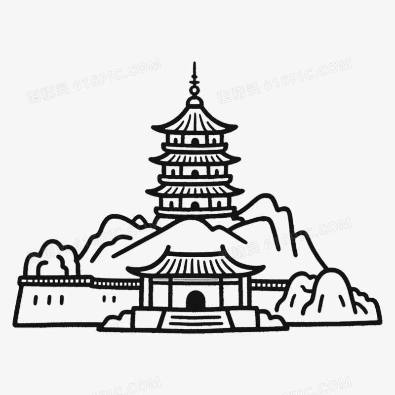西湖古风古建筑简笔画免抠元素