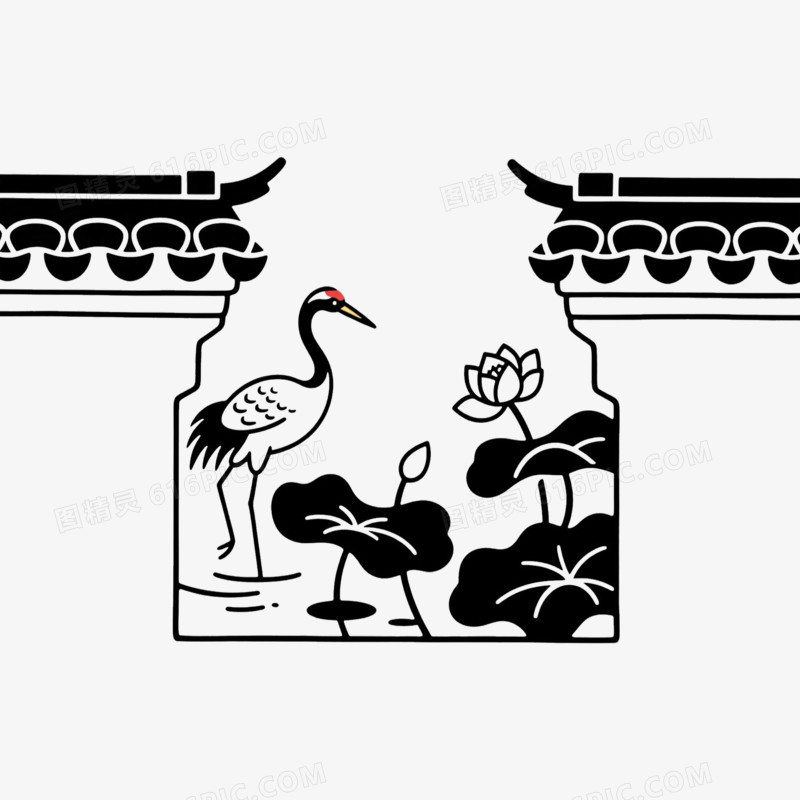 仙鹤马头墙古风古建筑简笔画免抠元素