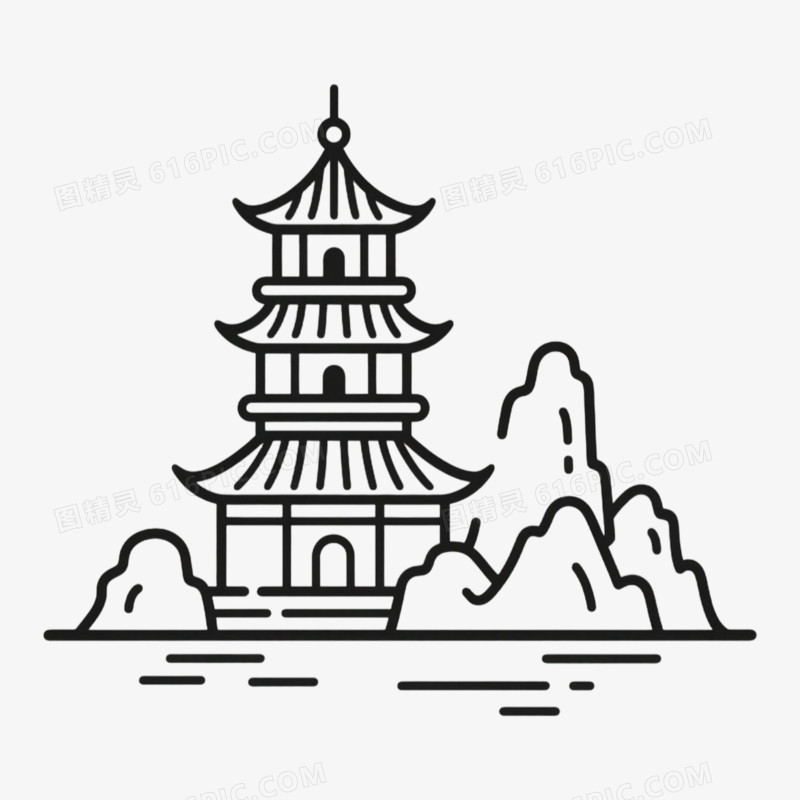 宝塔古风古建筑简笔画免抠元素