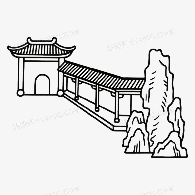 假山长廊古风古建筑简笔画免抠元素