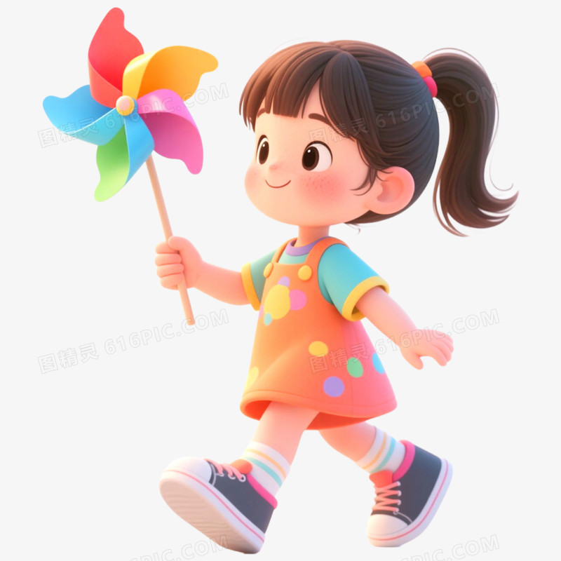 手绘插画人物玩风车免抠元素
