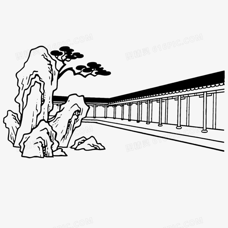假山园林古风古建筑简笔画免抠元素