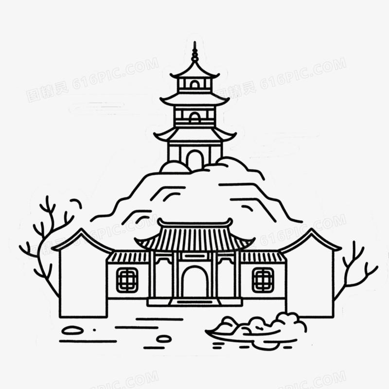 古寺古风古建筑简笔画免抠元素