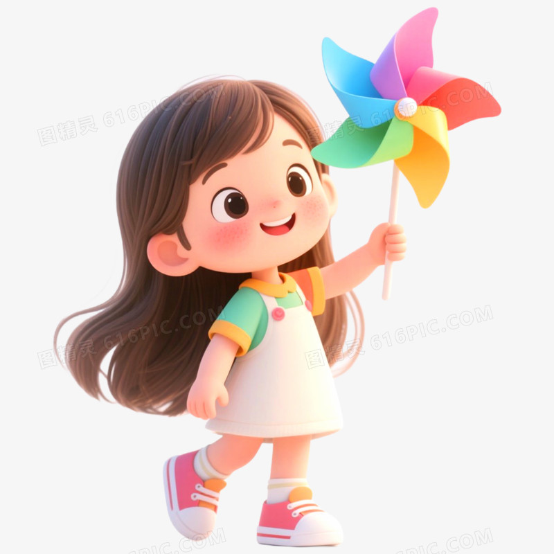 手绘插画人物玩风车免抠元素