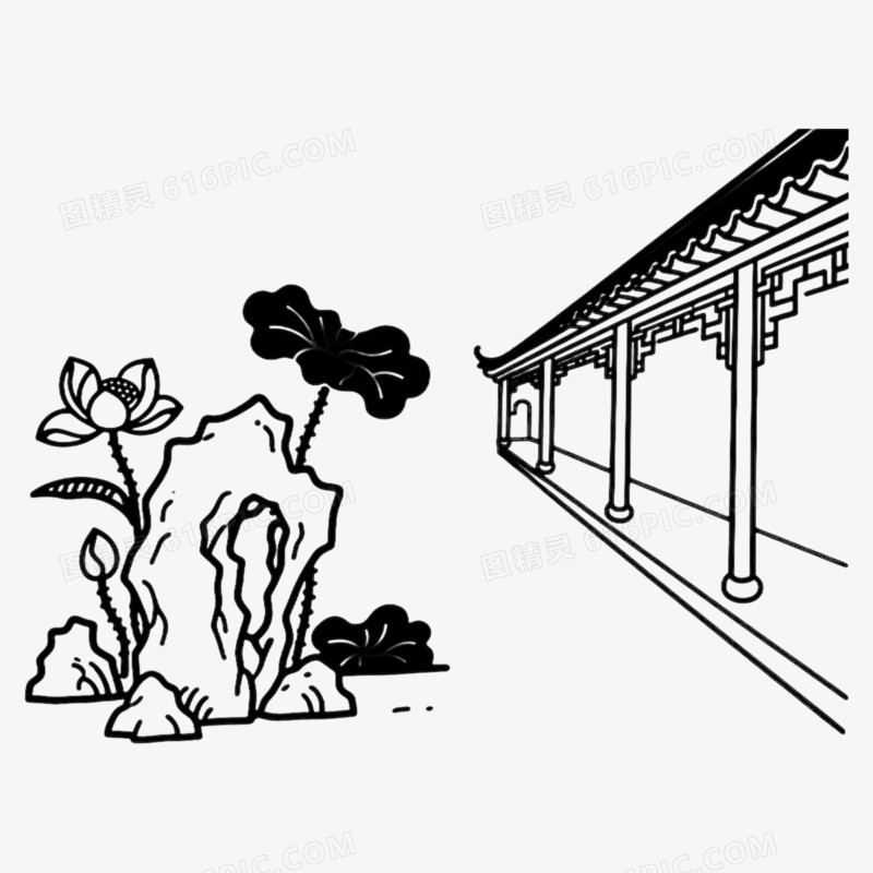 长廊古风古建筑简笔画免抠元素